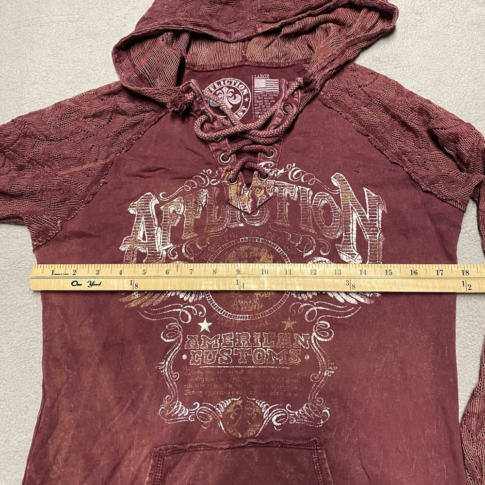 Affliction Hoodie Womens Large Maroon Lace V Neck Tie Y2K Skull Grunge Flaw Read - Picture 10 of 10